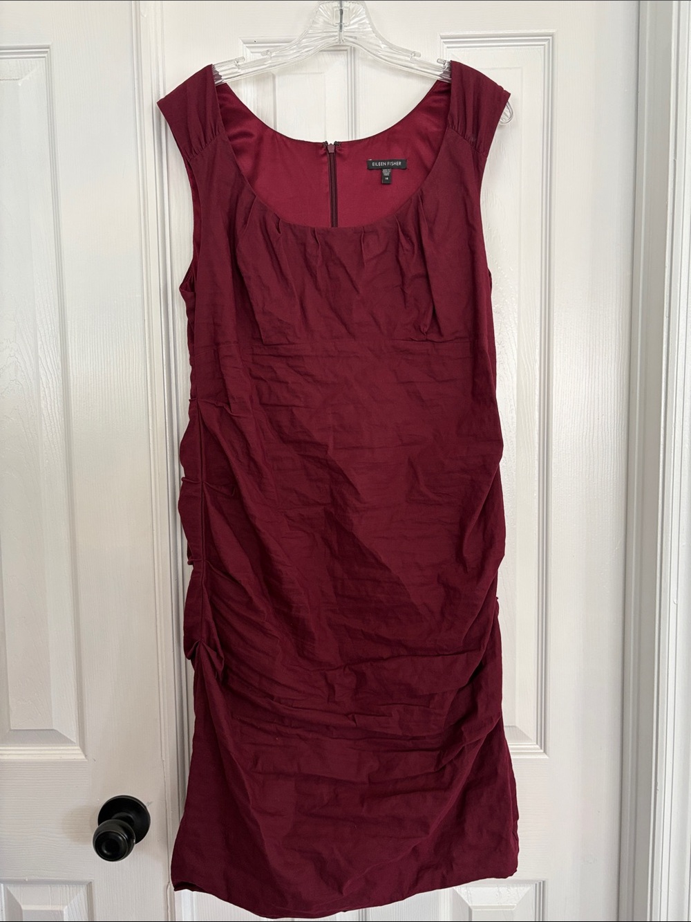 Eileen Fisher Burgundy Sleeveless Sheath ruched shimmer cocktail Dress Womens 14